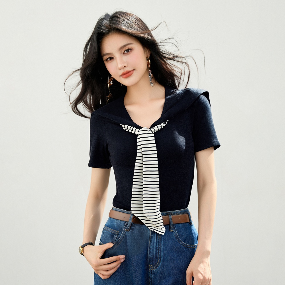 Mixed colors slim stripe knitted navy collar summer tops