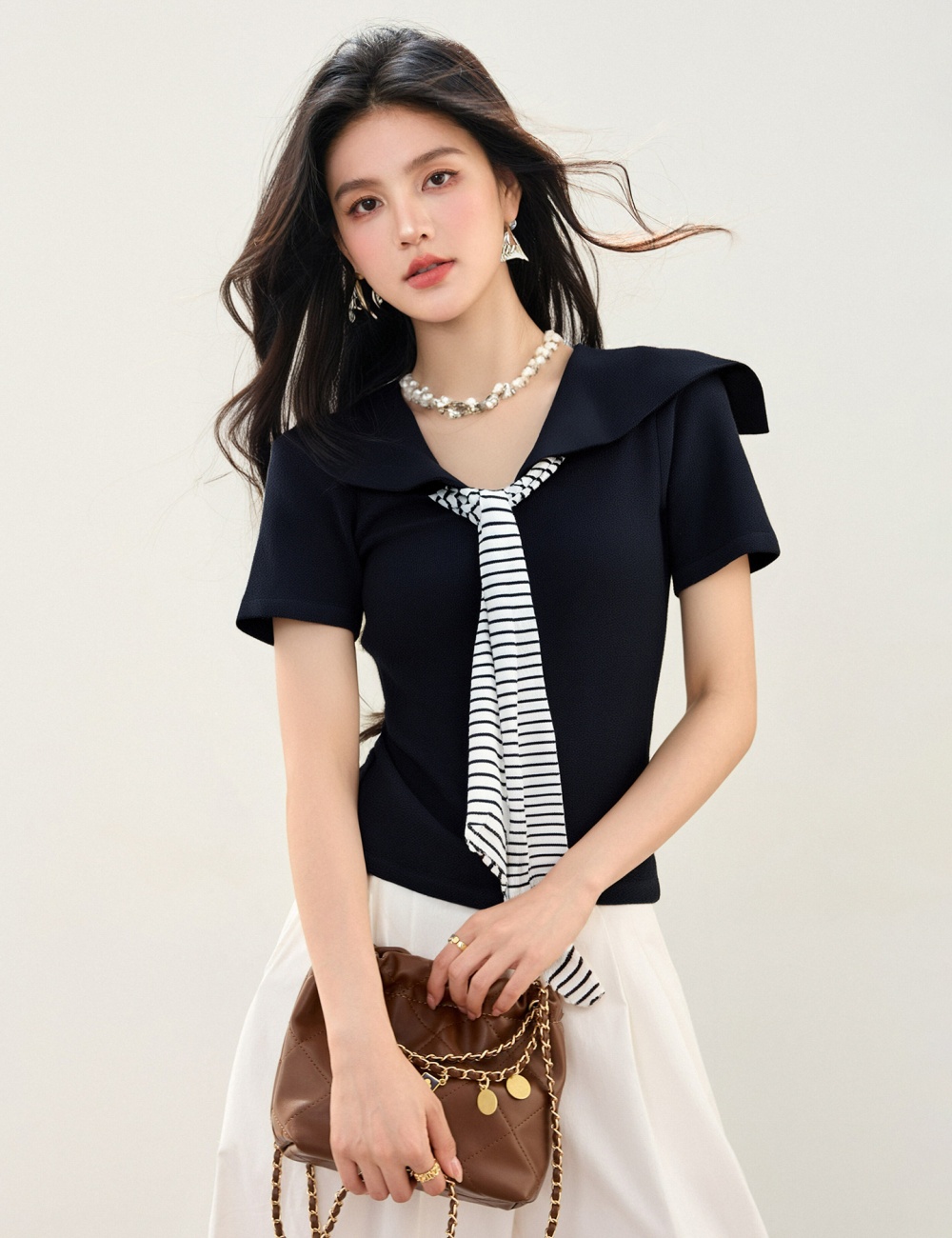 Mixed colors slim stripe knitted navy collar summer tops