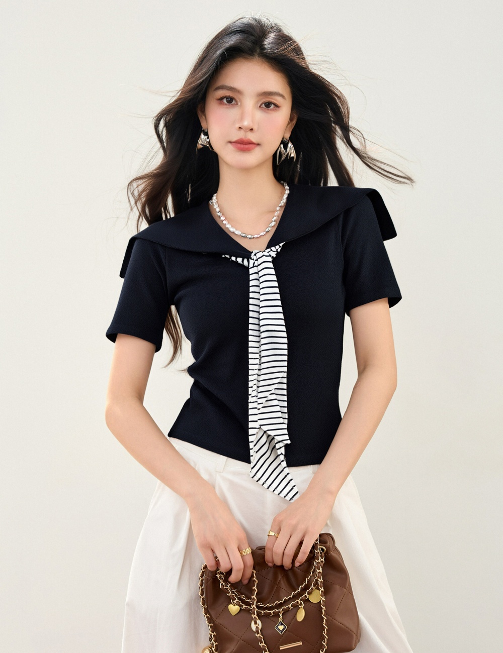 Mixed colors slim stripe knitted navy collar summer tops