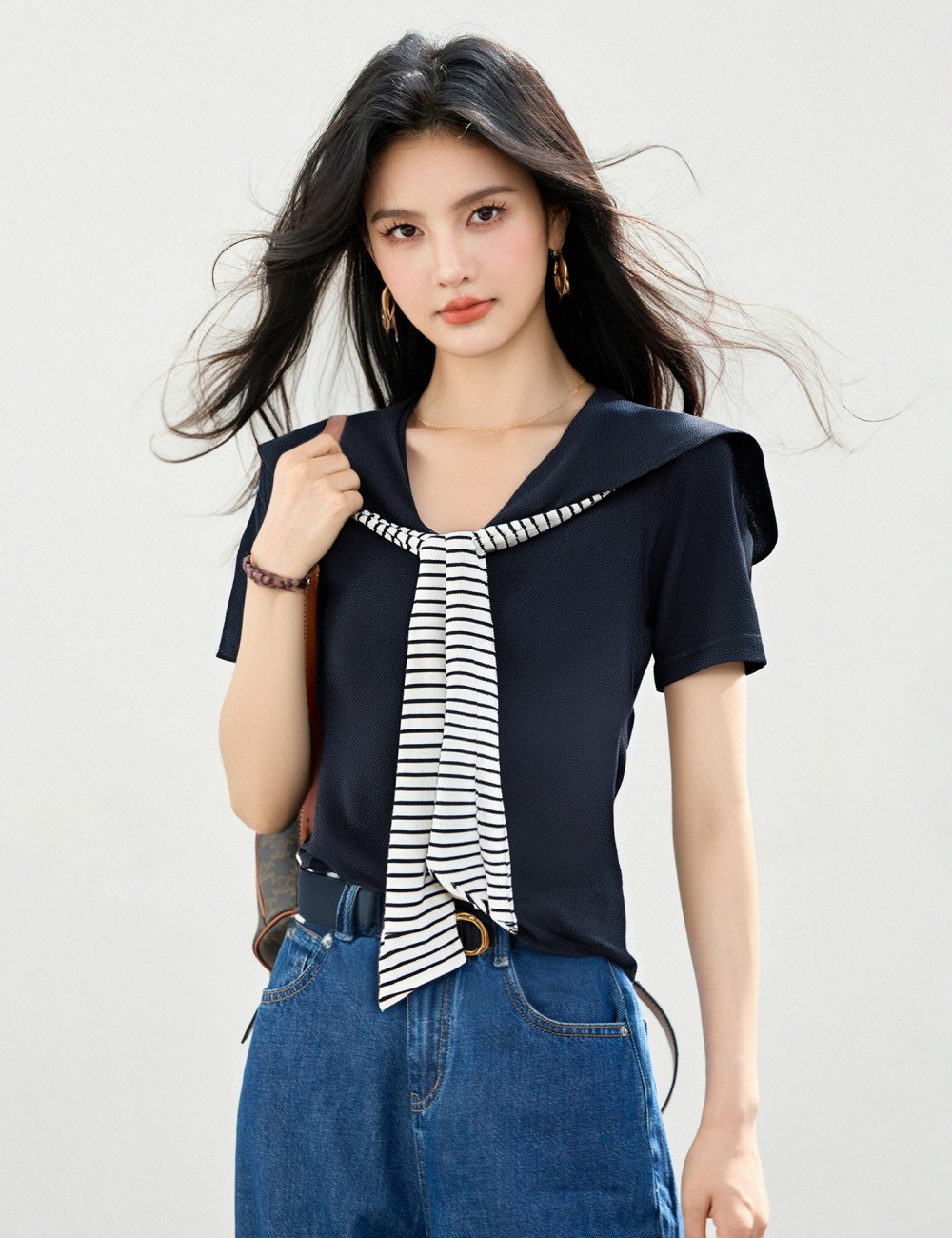 Mixed colors slim stripe knitted navy collar summer tops