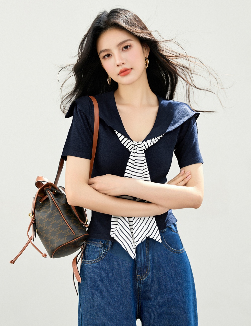 Mixed colors slim stripe knitted navy collar summer tops
