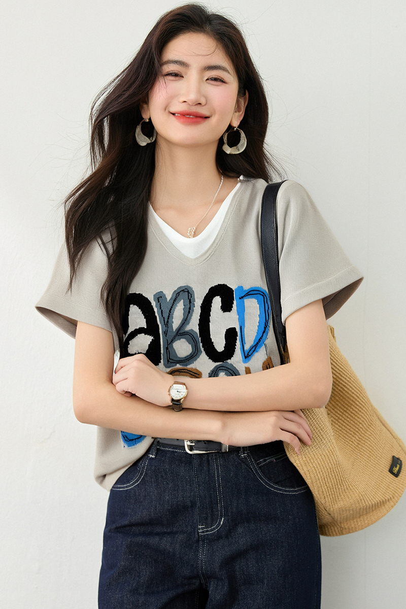 V-neck mixed colors small shirt short sleeve tops for women