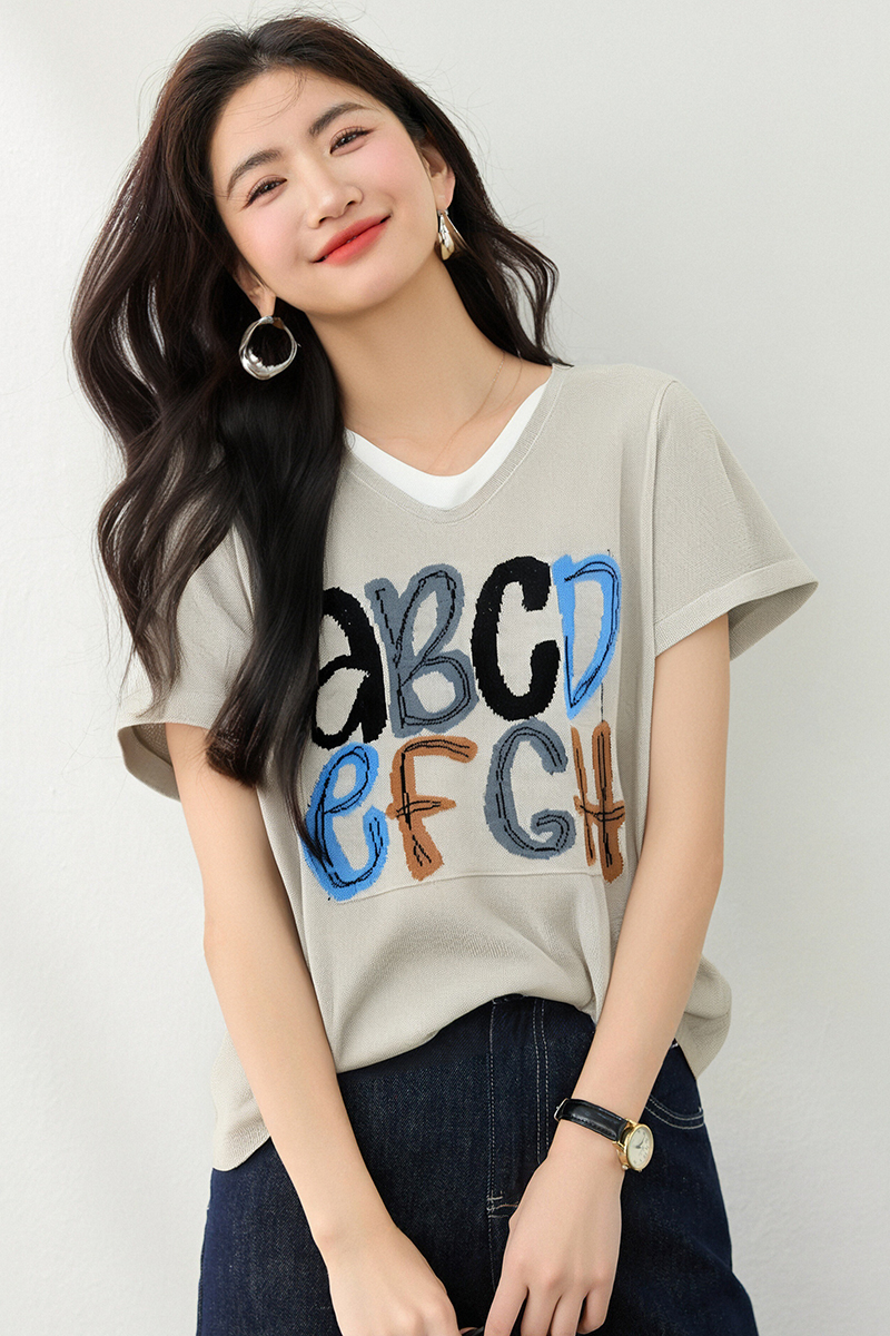 V-neck mixed colors small shirt short sleeve tops for women