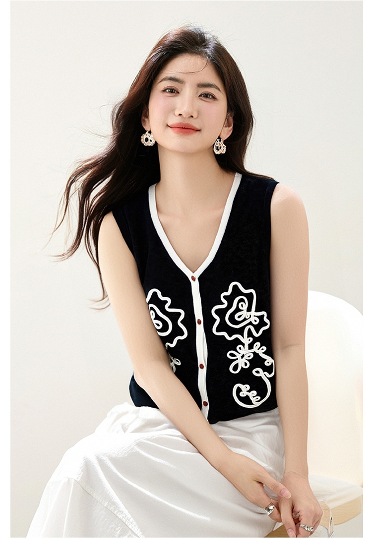 Loose knitted jacquard thin cardigan flowers embroidery V-neck tops