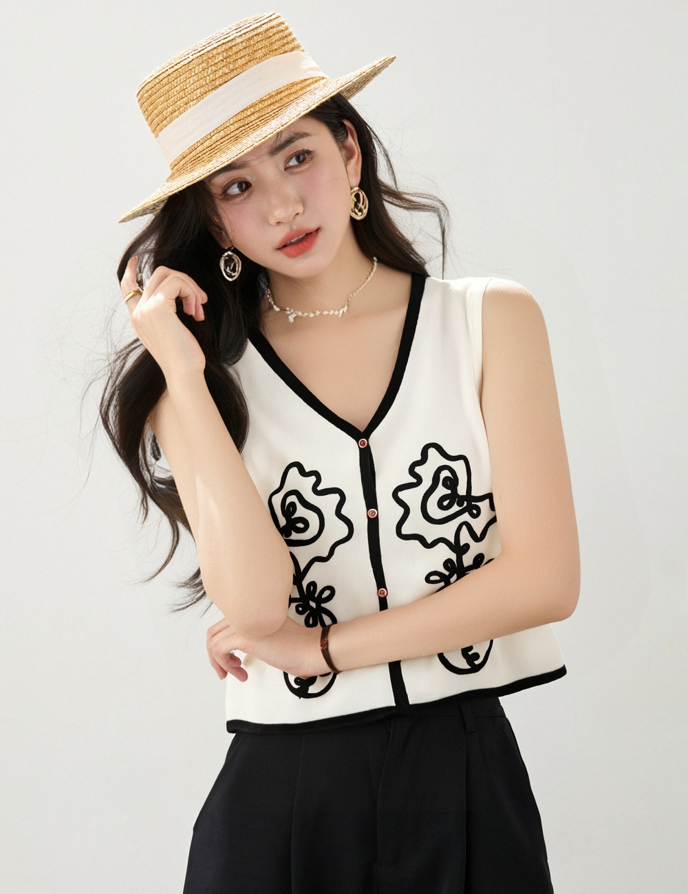 Loose knitted jacquard thin cardigan flowers embroidery V-neck tops