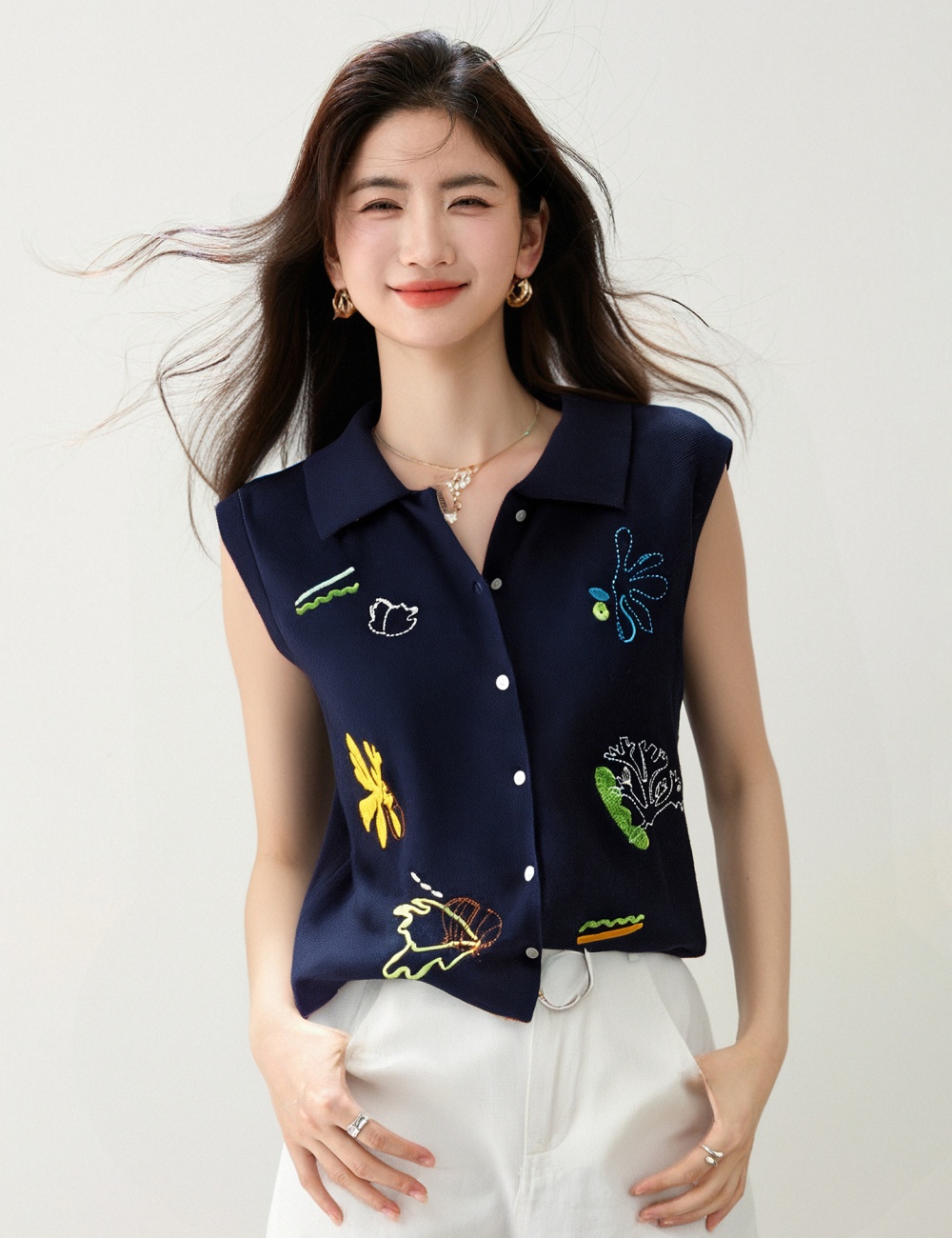 Embroidery fashion sweater cartoon all-match tops for women