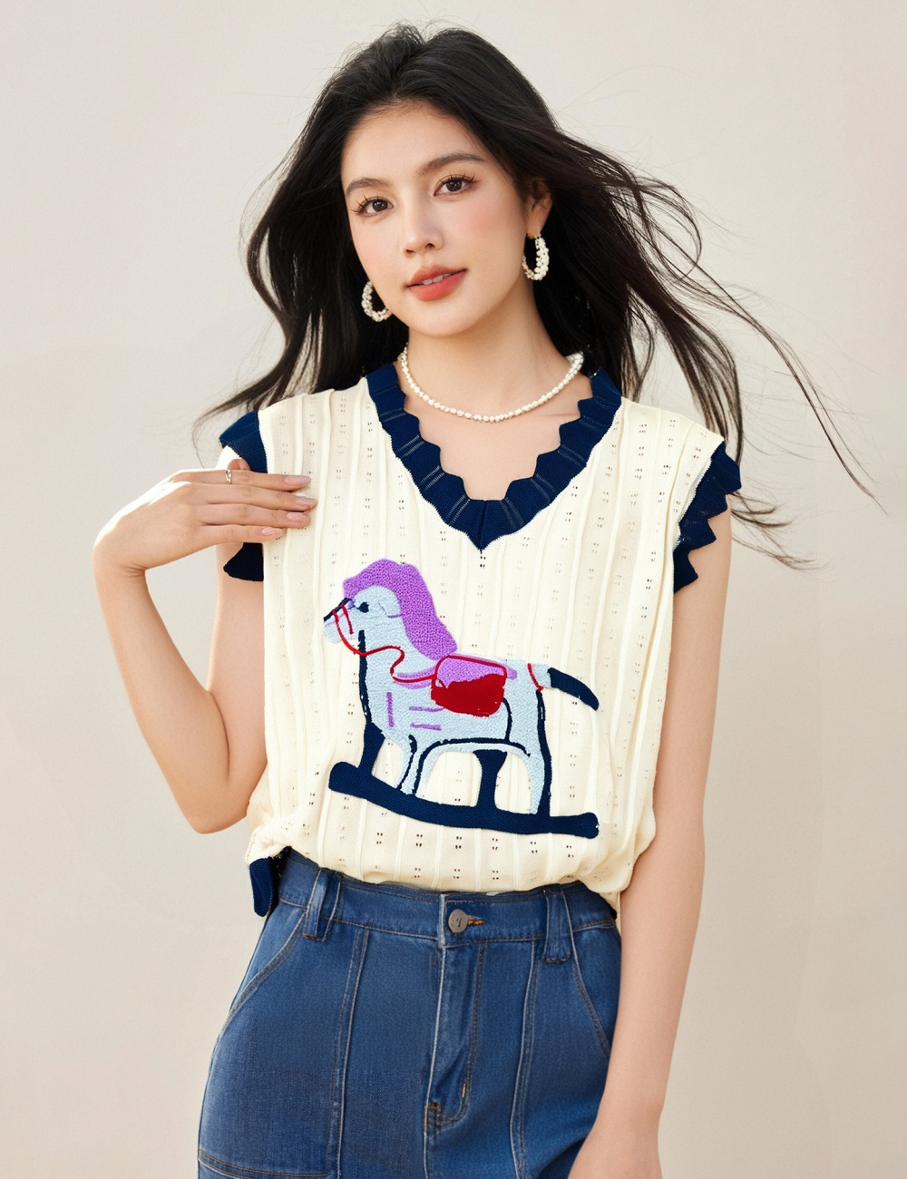 Apricot knitted T-shirt boats sleeve tops for women