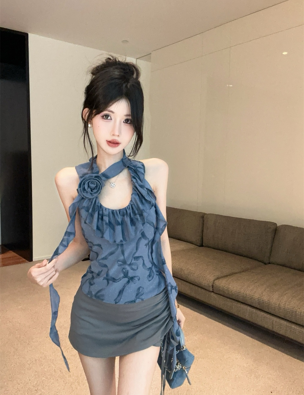 Streamer short skirt flowers vest a set for women