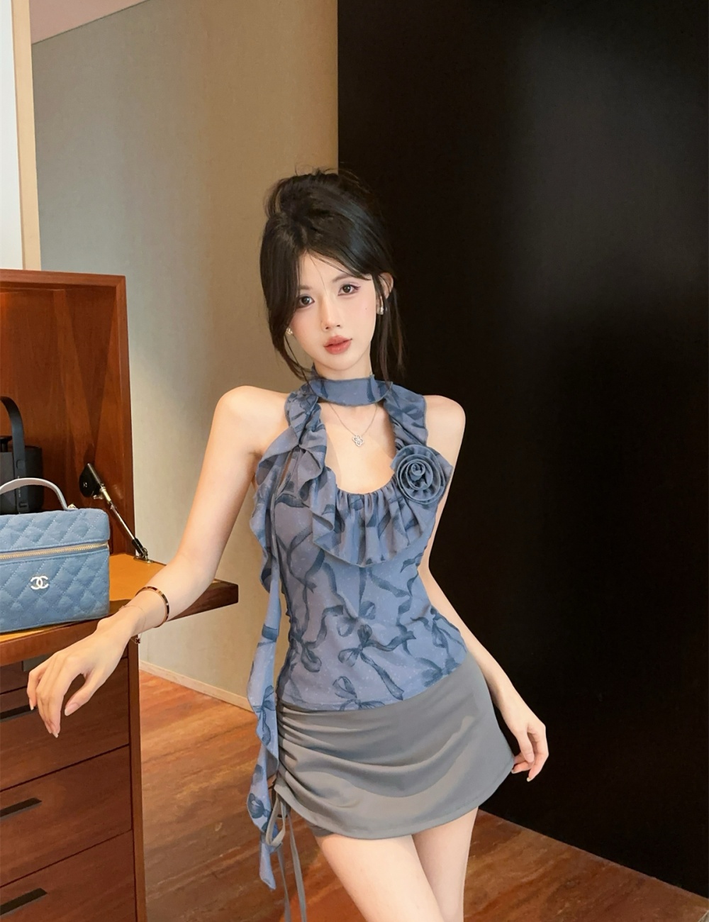 Streamer short skirt flowers vest a set for women