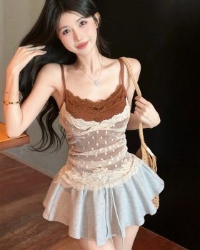 Gauze polka dot tops stitching high waist skirt a set