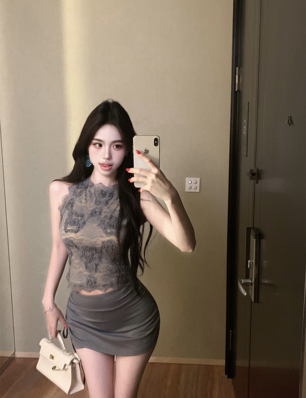 Lace slim unique vest drawstring halter tops a set