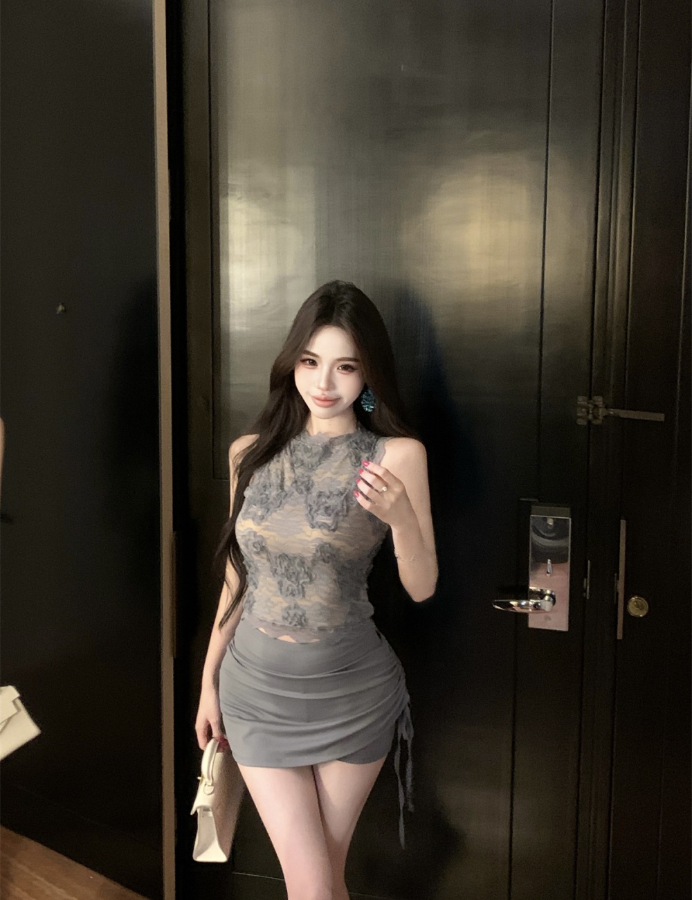 Lace slim unique vest drawstring halter tops a set