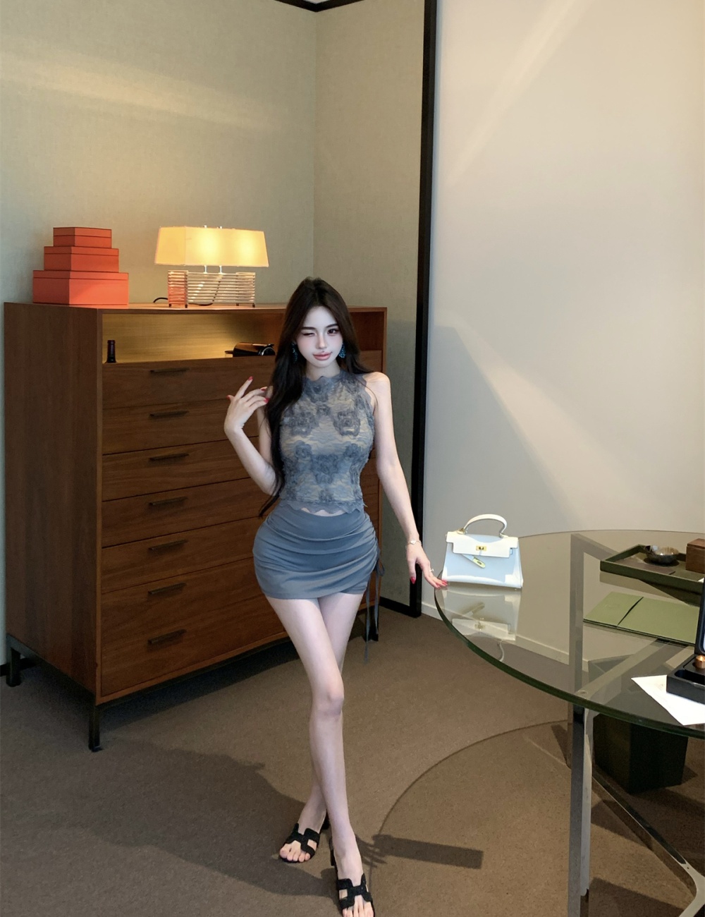 Lace slim unique vest drawstring halter tops a set