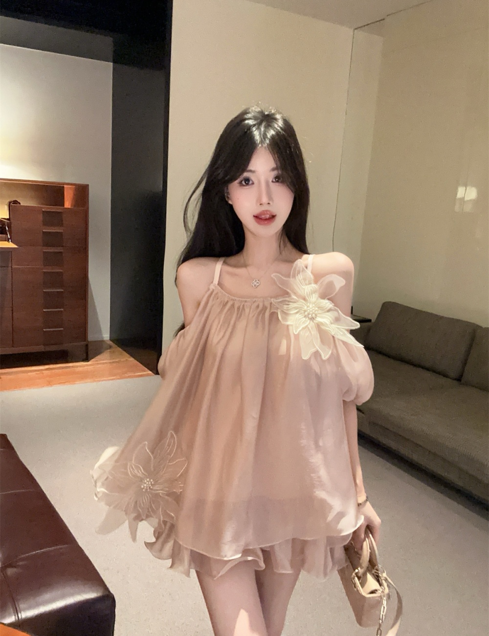 Puff sleeve colors chiffon shirt sling strapless tops for women