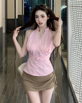 Drawstring stripe tops V-neck short skirt a set for women