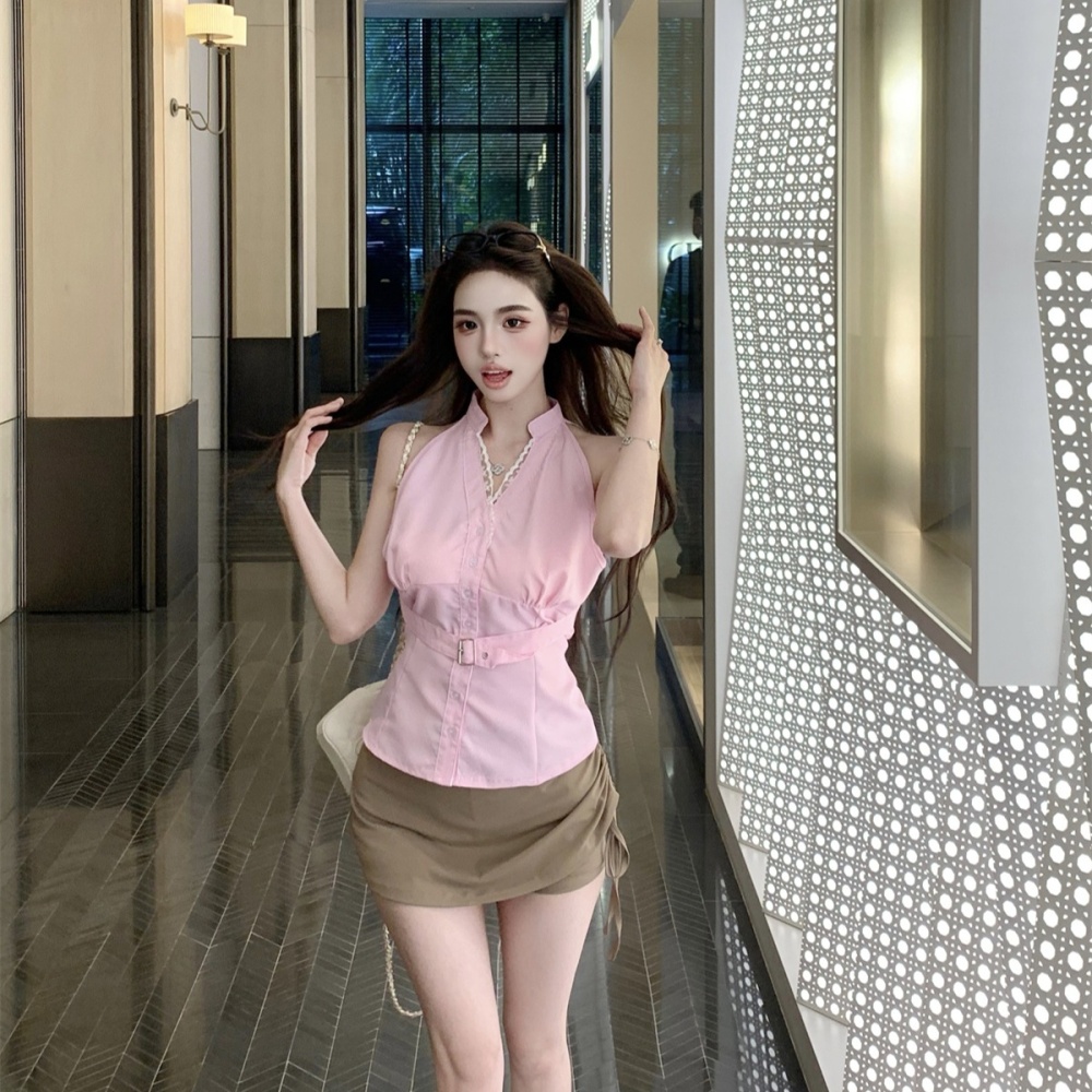Drawstring stripe tops V-neck short skirt a set for women