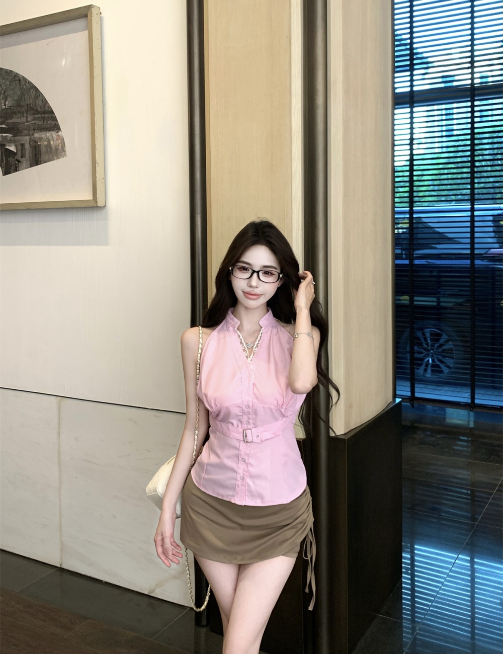 Drawstring stripe tops V-neck short skirt a set for women