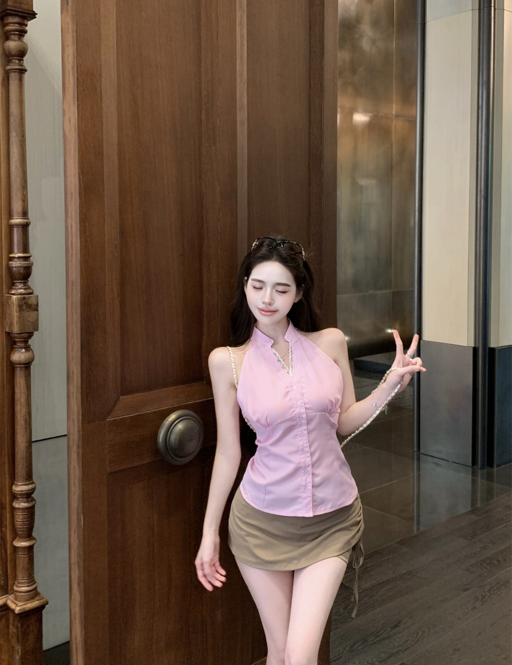 Drawstring stripe tops V-neck short skirt a set for women