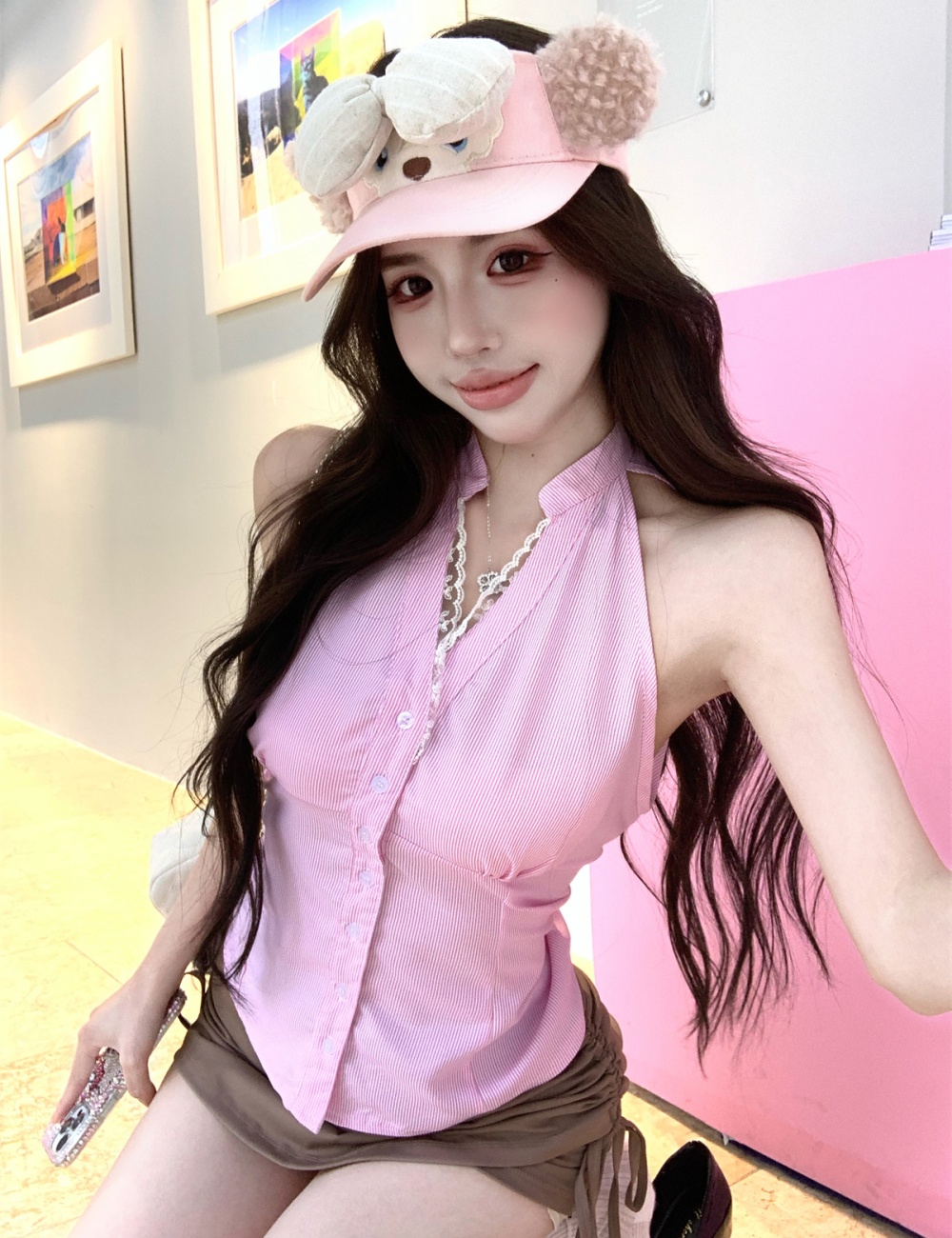 Drawstring stripe tops V-neck short skirt a set for women