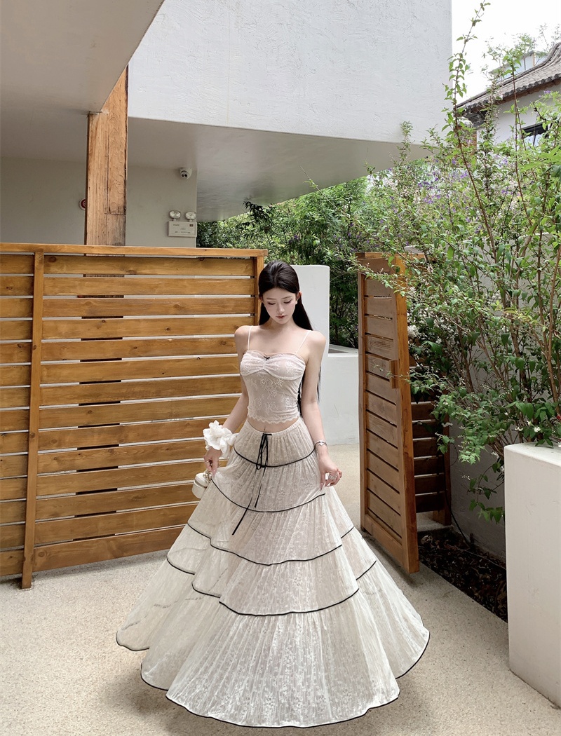 Gauze sling jacquard vest splice large cake skirt a set