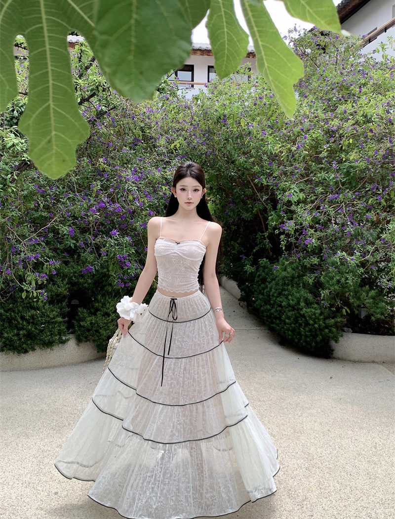 Gauze sling jacquard vest splice large cake skirt a set
