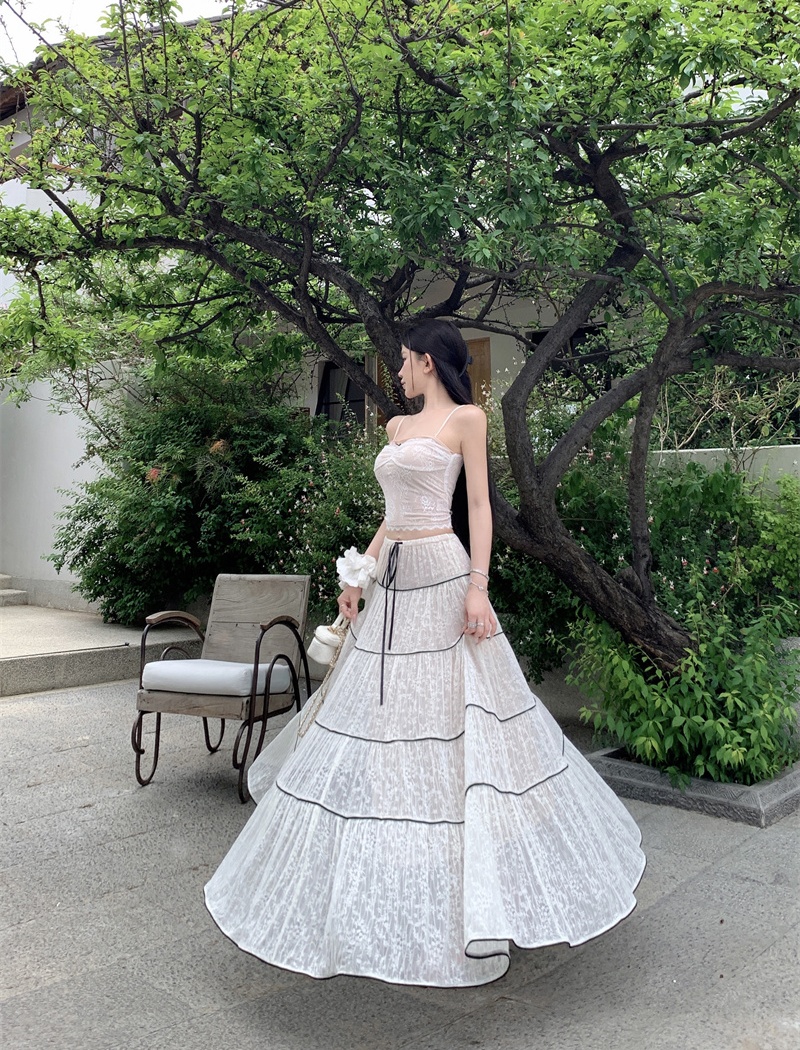 Gauze sling jacquard vest splice large cake skirt a set