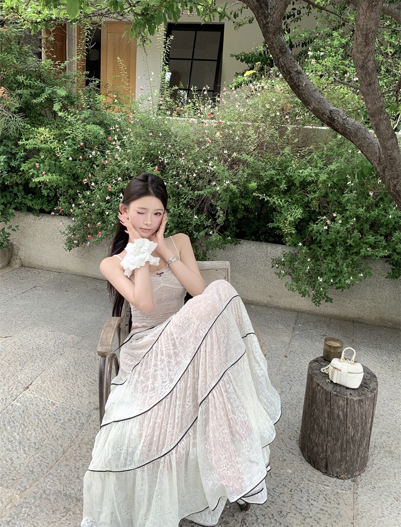 Gauze sling jacquard vest splice large cake skirt a set