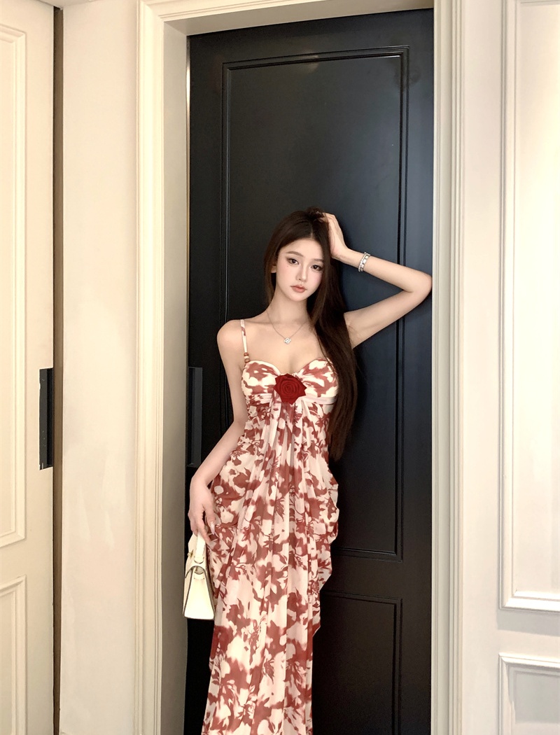 Pinched waist summer sling V-neck colors dress