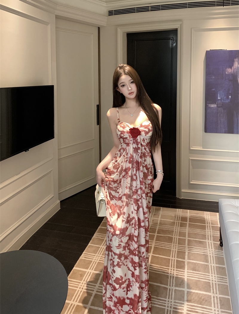 Pinched waist summer sling V-neck colors dress