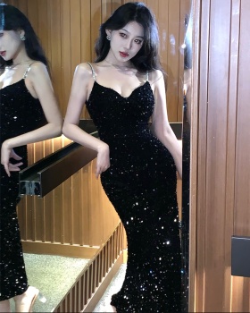 Black sequins dress sling temperament evening dress