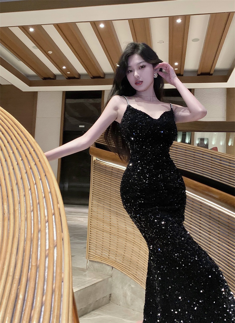 Black sequins dress sling temperament evening dress