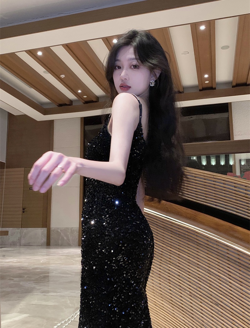 Black sequins dress sling temperament evening dress