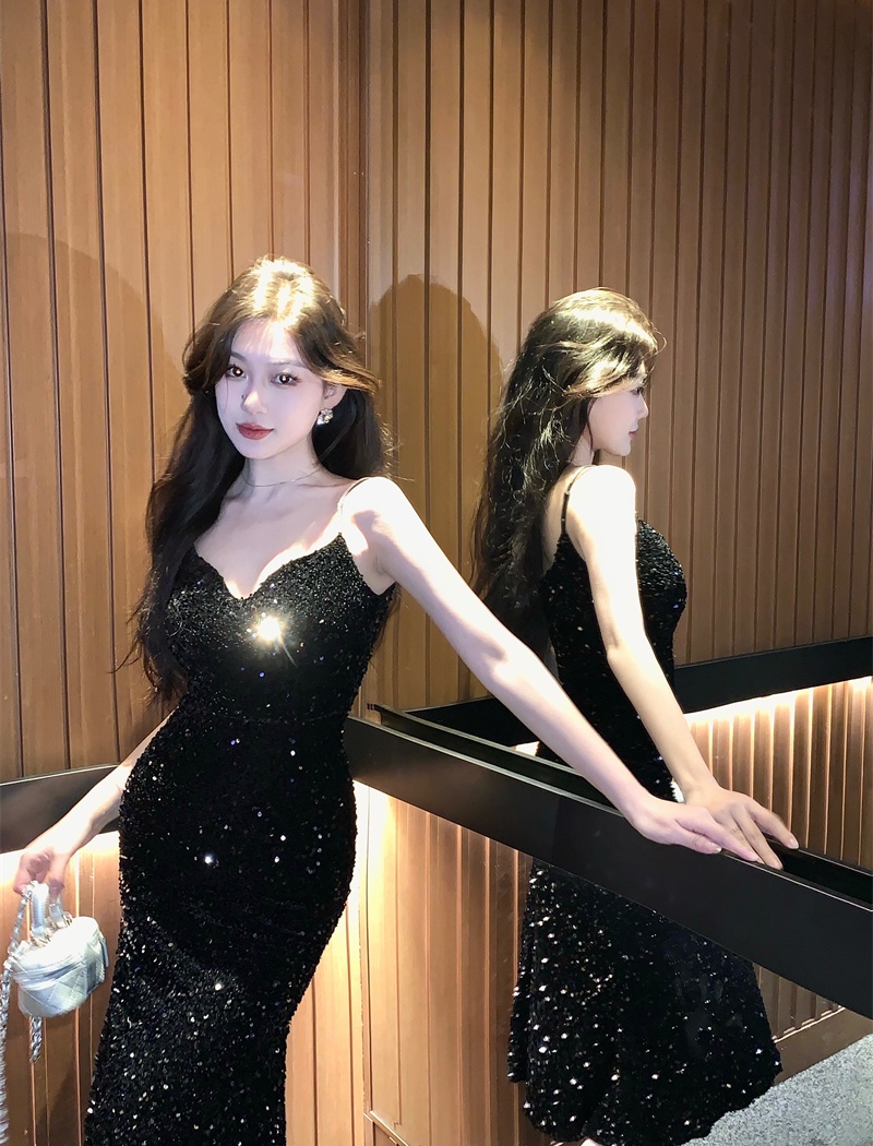 Black sequins dress sling temperament evening dress
