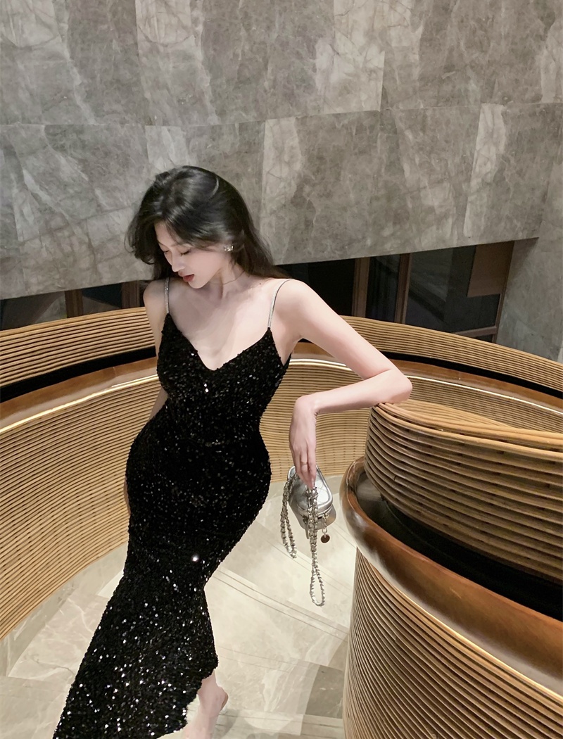 Black sequins dress sling temperament evening dress