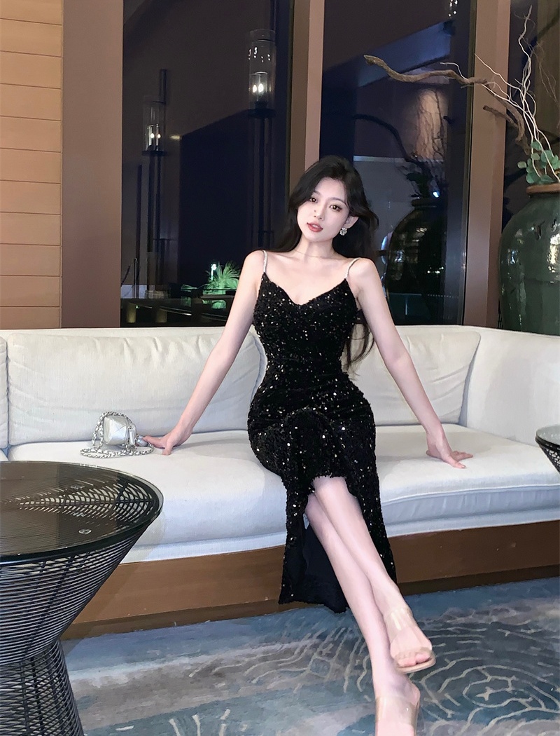 Black sequins dress sling temperament evening dress