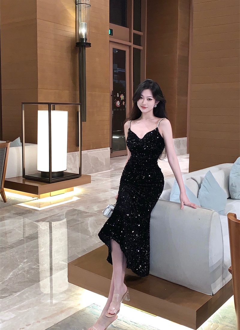 Black sequins dress sling temperament evening dress