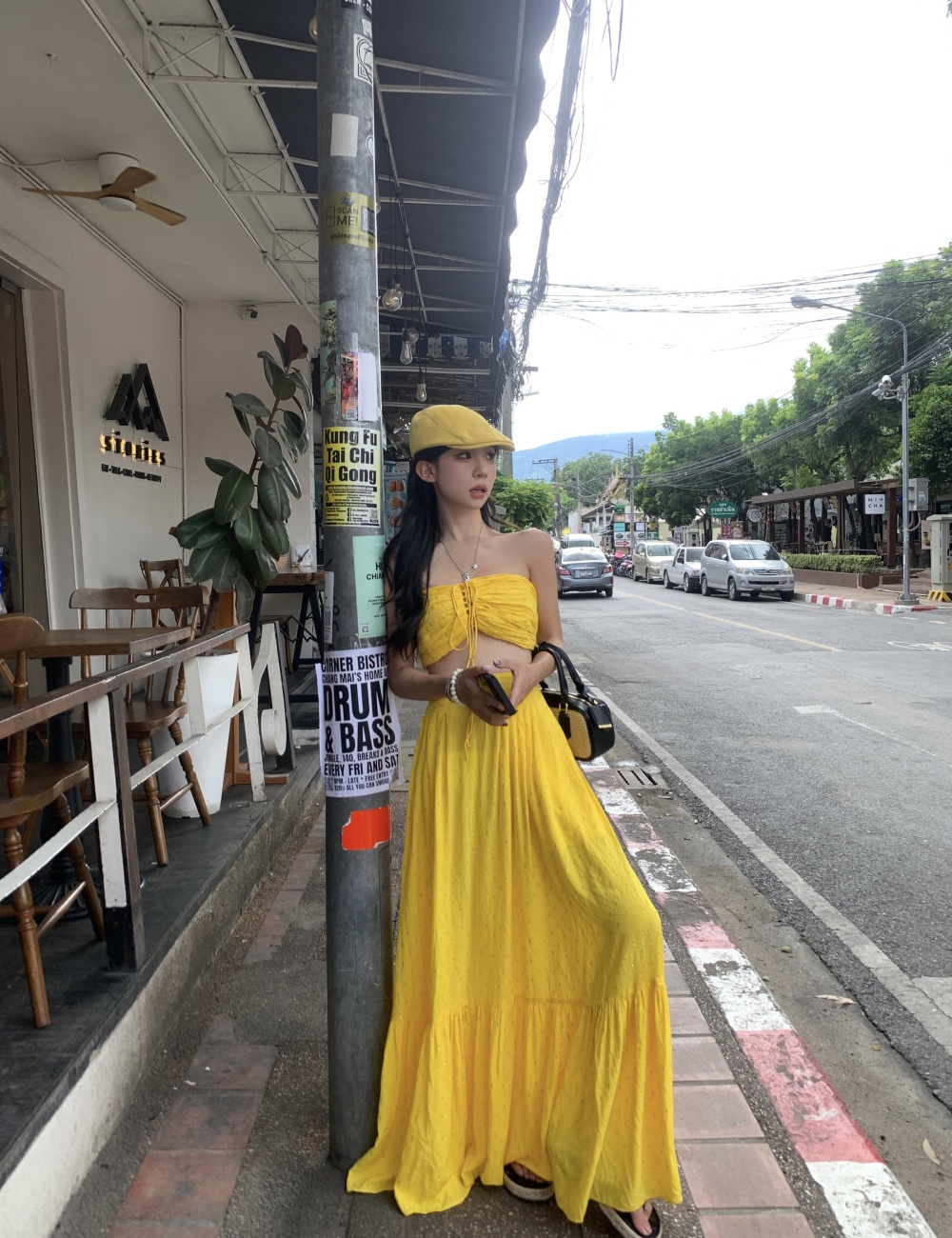 Travel vacation skirt seaside yellow long skirt 2pcs set