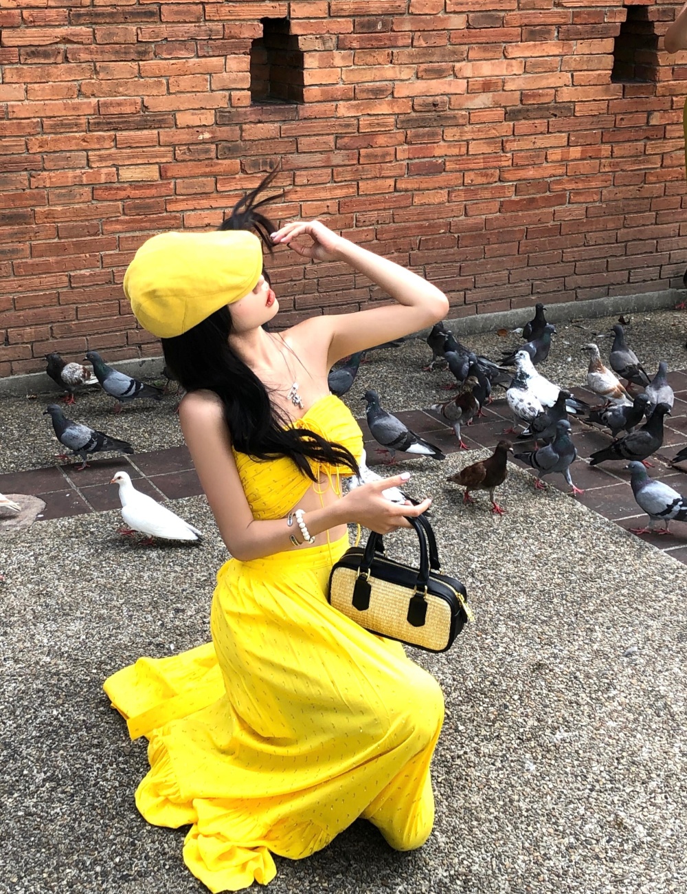 Travel vacation skirt seaside yellow long skirt 2pcs set