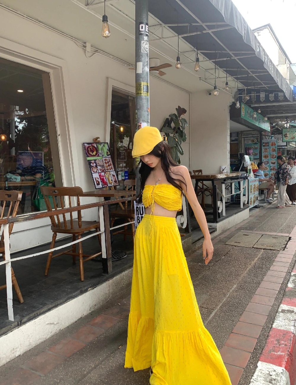 Travel vacation skirt seaside yellow long skirt 2pcs set