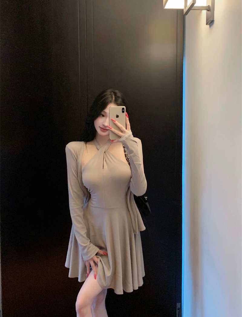 Slim pinched waist temperament sweet dress a set