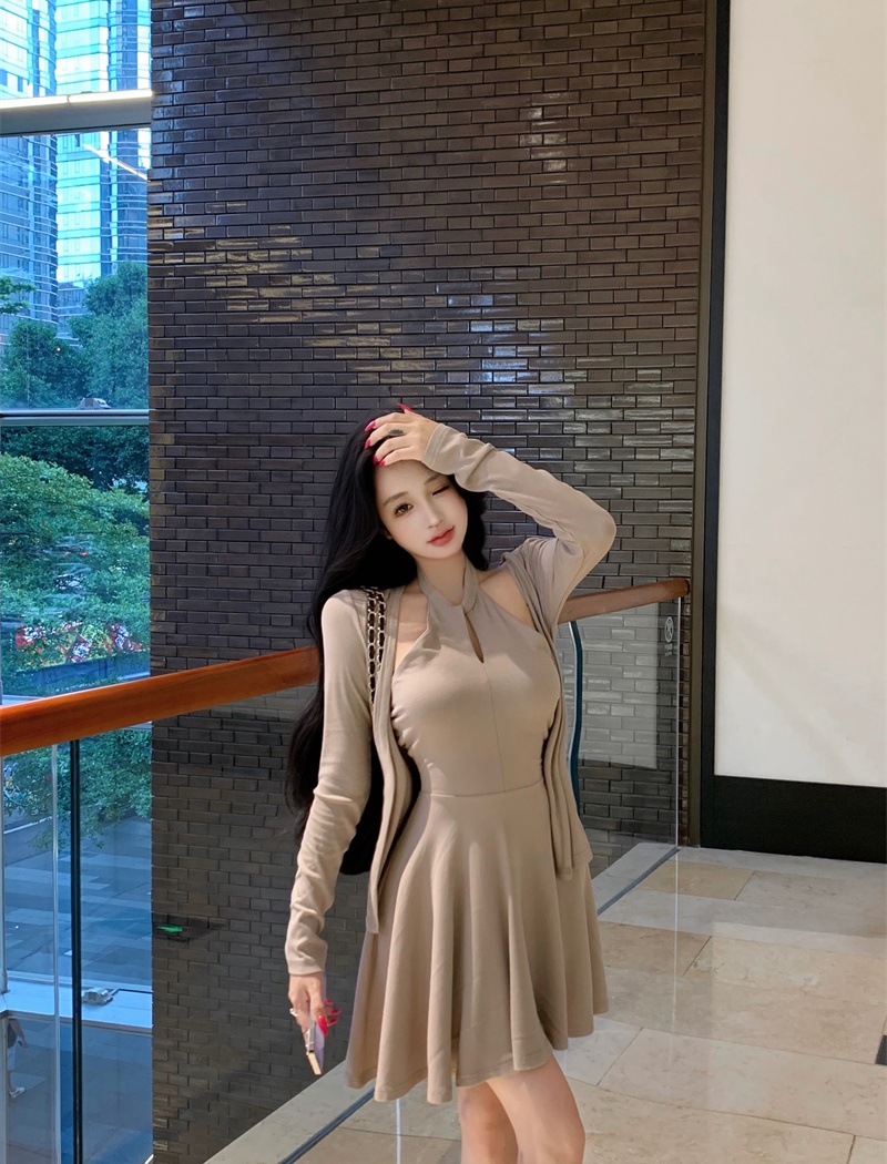 Slim pinched waist temperament sweet dress a set