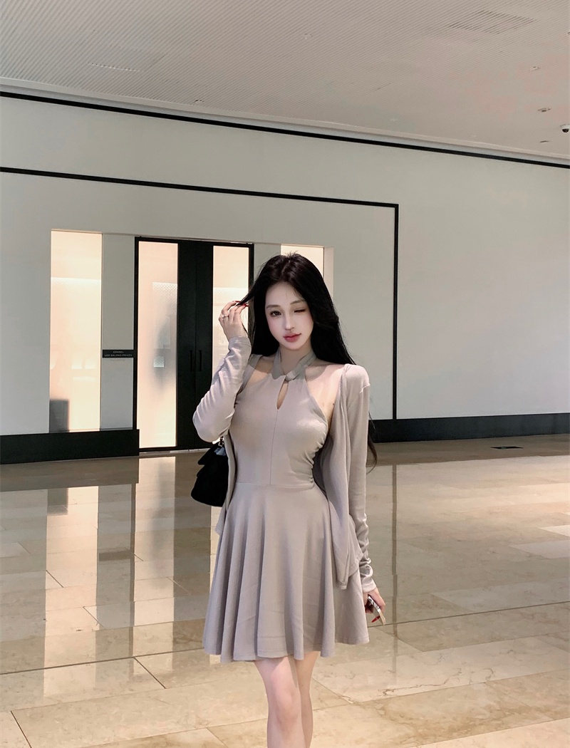 Slim pinched waist temperament sweet dress a set