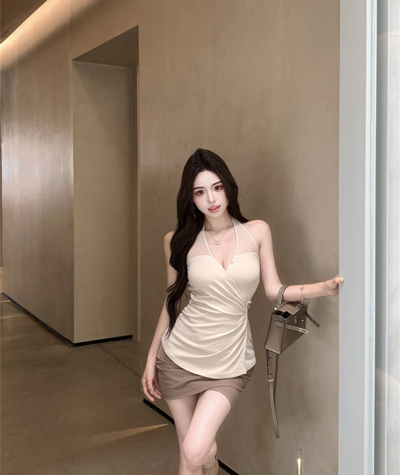Pinched waist V-neck skirt sleeveless slim tops a set