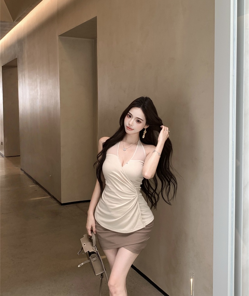 Pinched waist V-neck skirt sleeveless slim tops a set