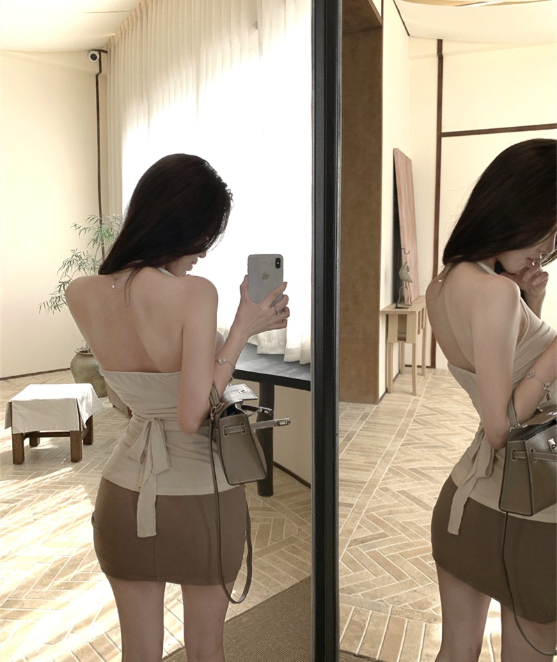 Pinched waist V-neck skirt sleeveless slim tops a set