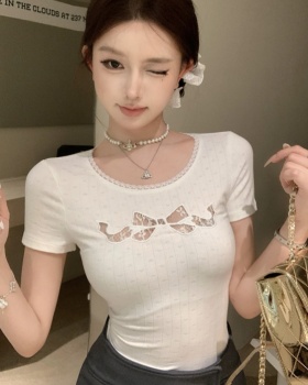 Pinched waist slim T-shirt hollow bow tops