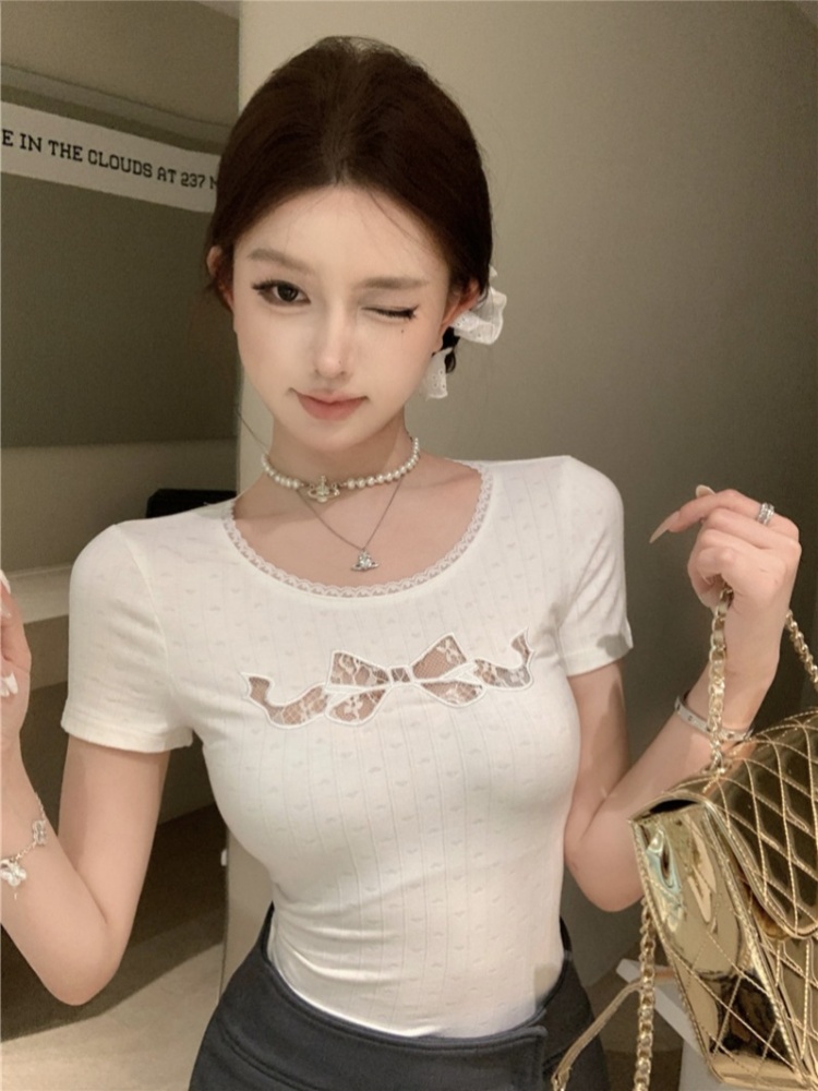 Pinched waist slim T-shirt hollow bow tops