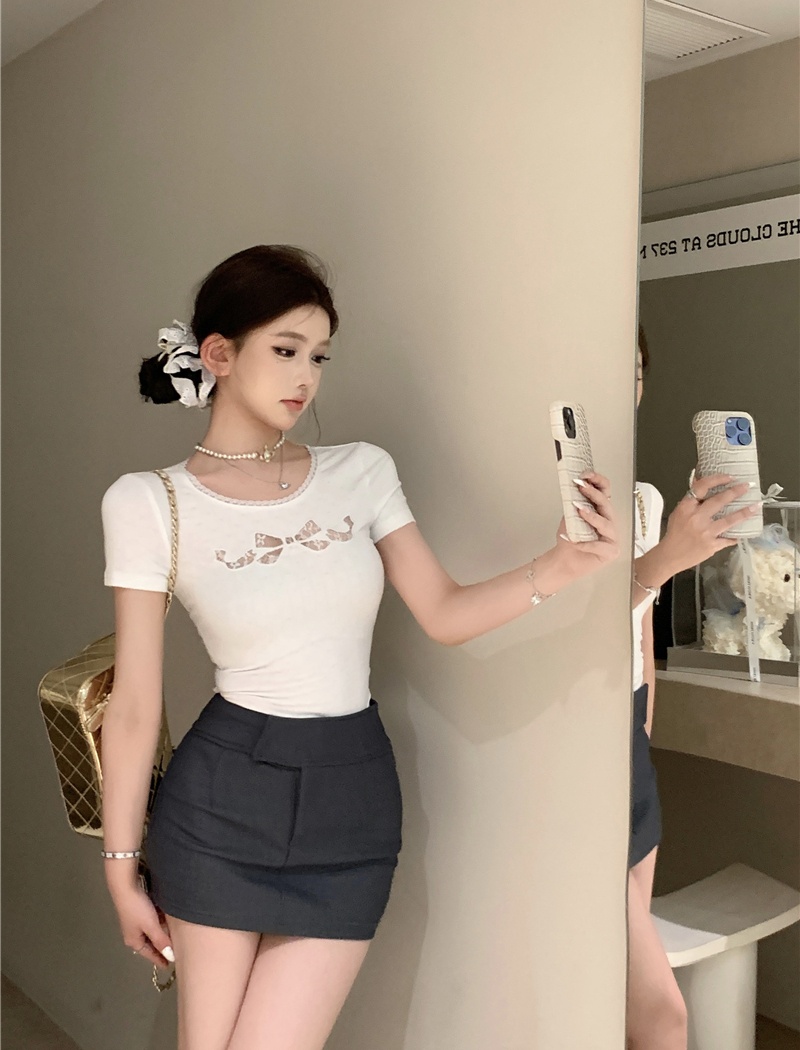 Pinched waist slim T-shirt hollow bow tops