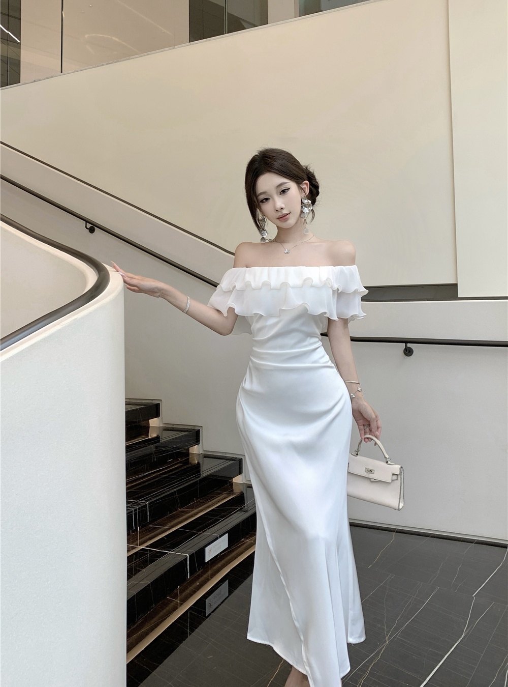 Flat shoulder pinched waist dress mermaid long dress