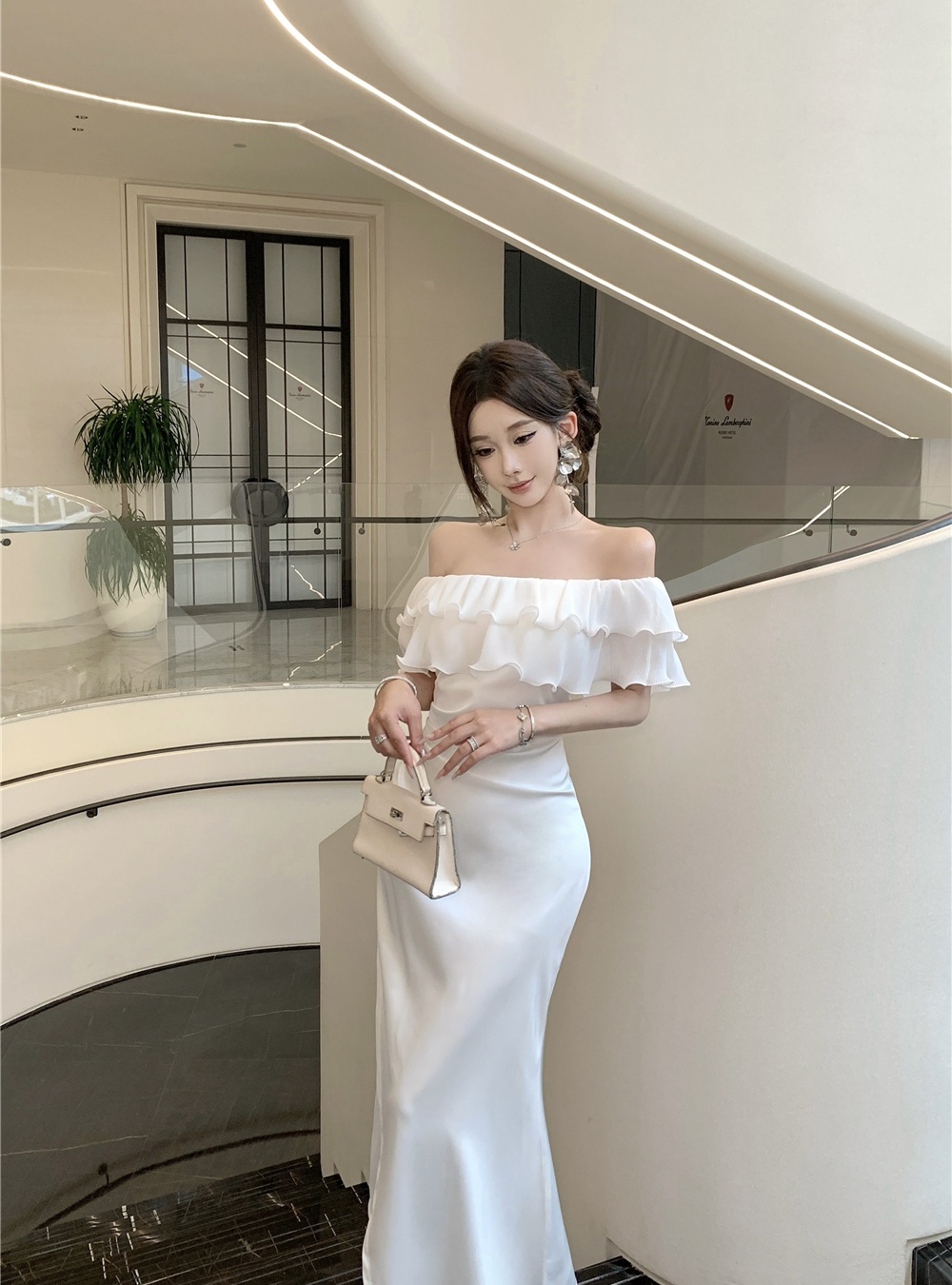 Flat shoulder pinched waist dress mermaid long dress